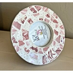 Mosaic Plate Photo Picture Frame Round Pink Willow Plate Transferware Handmade